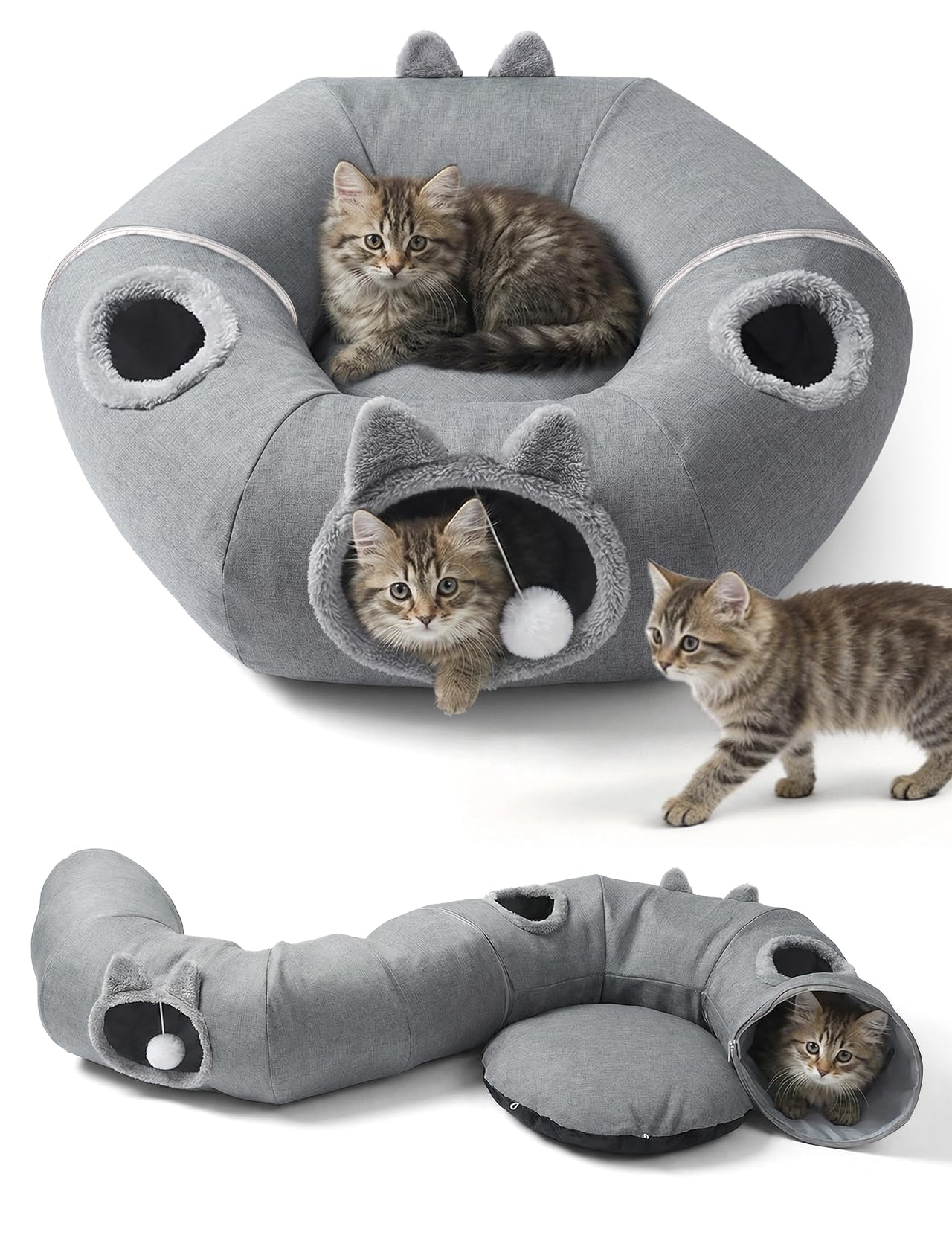 Cuccia per gatti, tunnel 3 in 1, rotonda | Lino traspirante, letto rimovibile, per l'estate, a forma di S, regolabile, per gatti e conigli