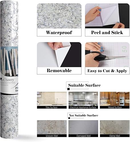 Miniatura 7 de LACHEERY Papel adhesivo de granito gris de 15.8 x 394 pulgadas para encimeras de cocina, papel de contacto de granito, papel tapiz impermeable para