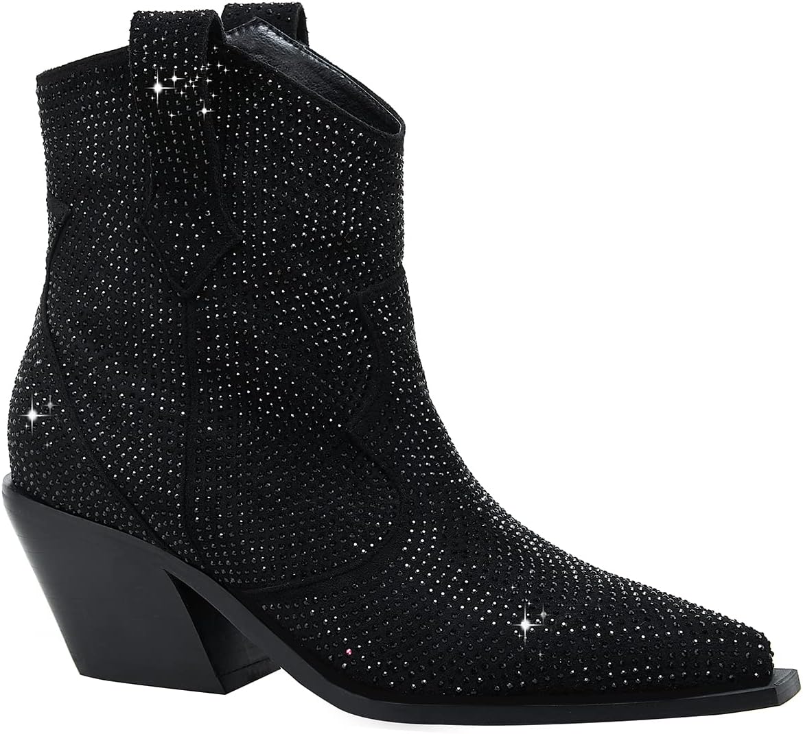 SHODENSE Women Rhinestone Cowboy Ankle Boots Pointed Toe Chunky Stacked Heel Glitter Cowgirl Boots Wide Calf Sparkle Combat Boots Pull On Studded Dress Boot Fashion Ladies Girls Party Summer 4-11 M US