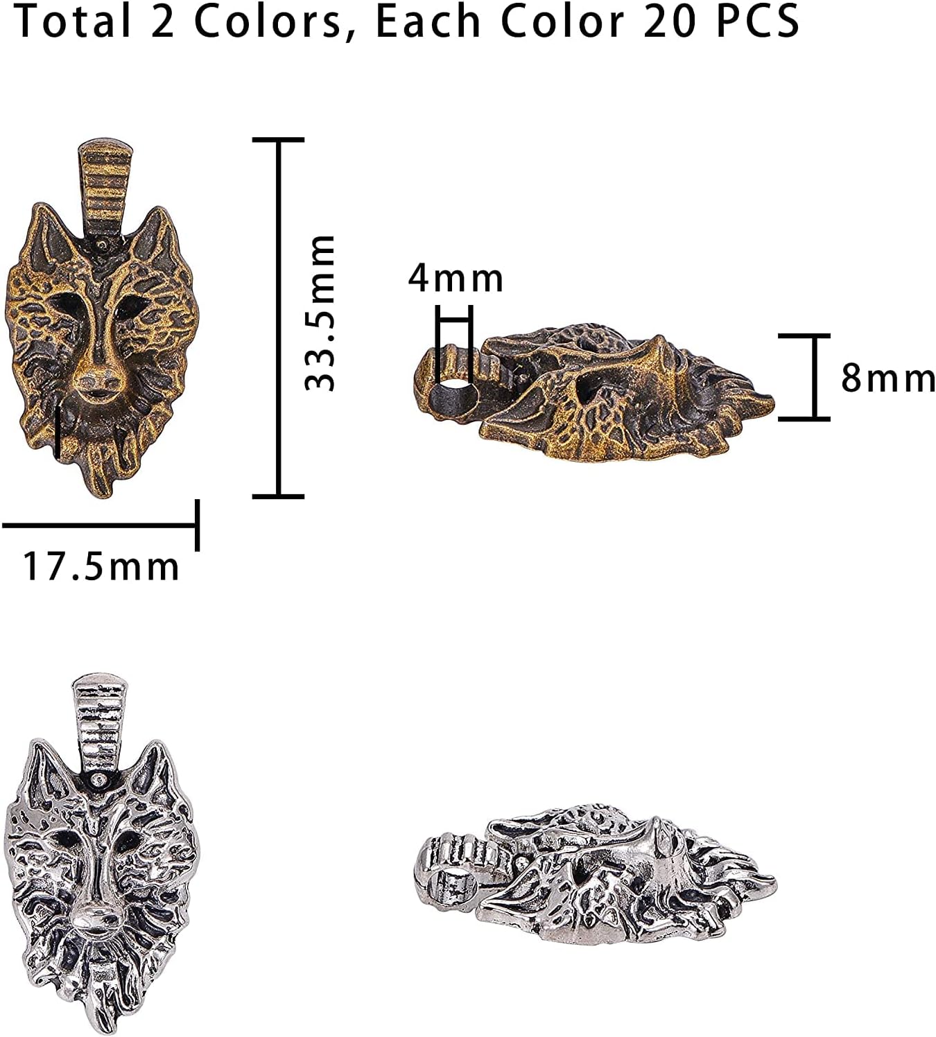 PH PandaHall 40pcs 2 Colors Wolf Head Charms Tibetan Alloy Animals Pendant Beads Dangle Charms for DIY Men Bracelet Necklace Jewelry Making (Antique Bronze & Antique Silver) - Image 2