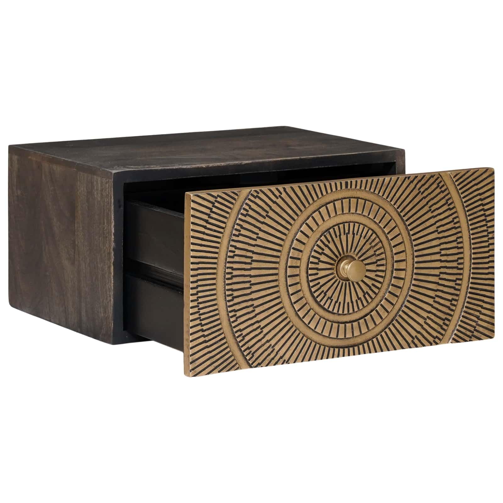 Mesita de noche hecha a mano de madera maciza de mango con cajón decorativo y tallado artístico, diseño de ahorro de espacio para dormitorio, incluye instrucciones de montaje (idioma español