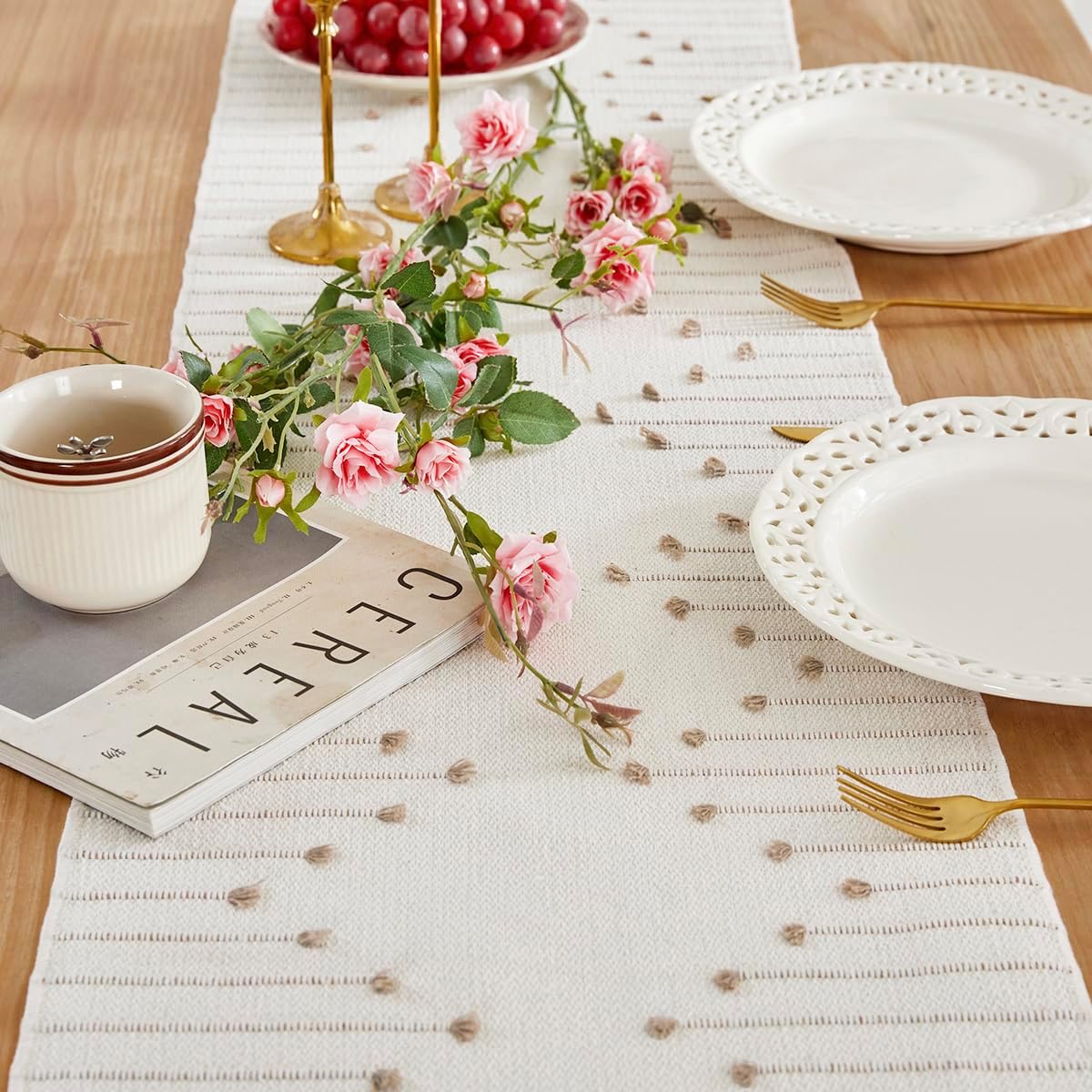 Wracra Boho Table Runner, Natural Cotton Woven Macrame Table Runners 108 Inches Long for Modern Farmhouse Woven Home Decor, 14x108 Inch, Taupe