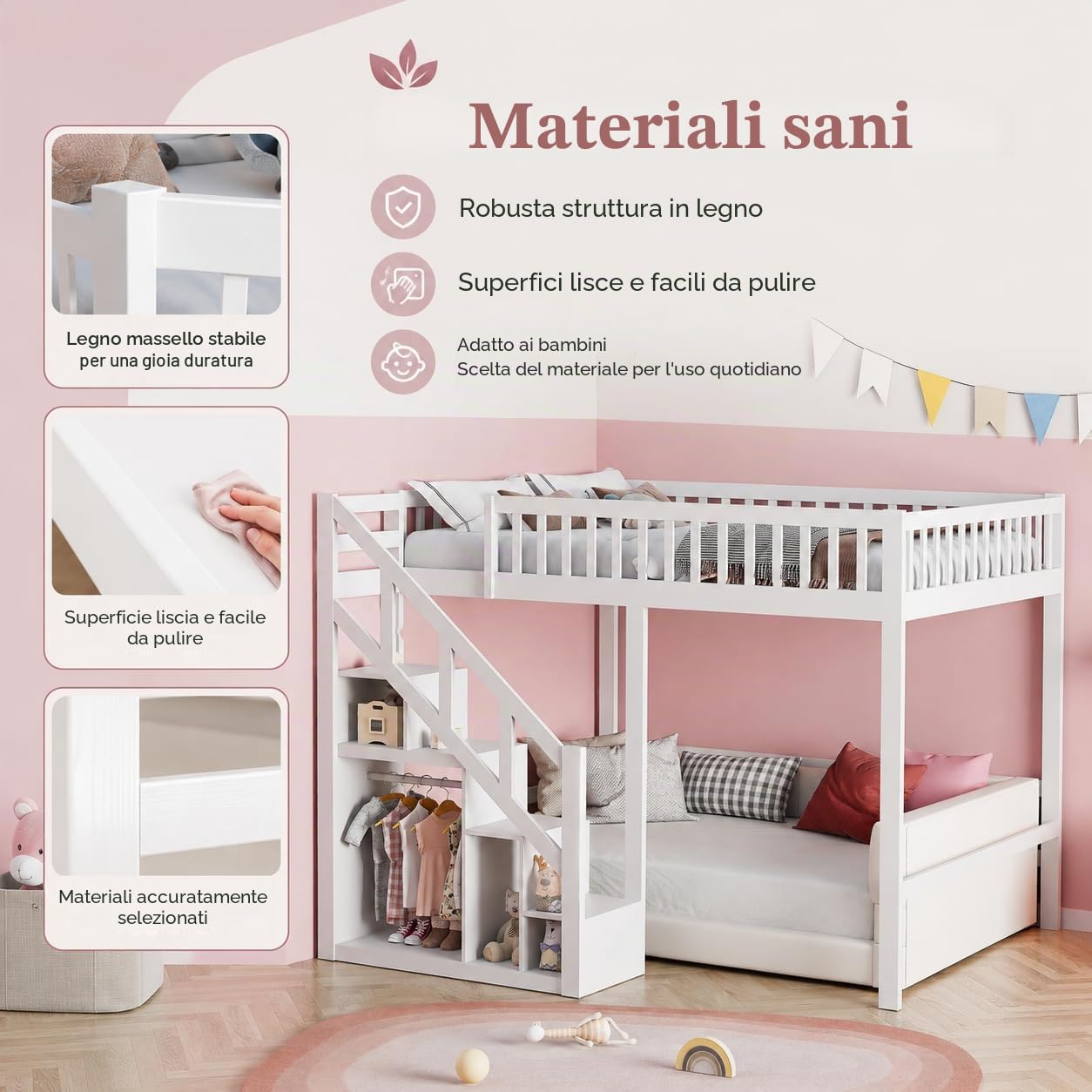 Letto a castello 140x200 cm, letto a soppalco con scala e armadietto, letto a castello con rete a doghe e protezione anticaduta, letto per bambini in legno massiccio di pino, senza materasso