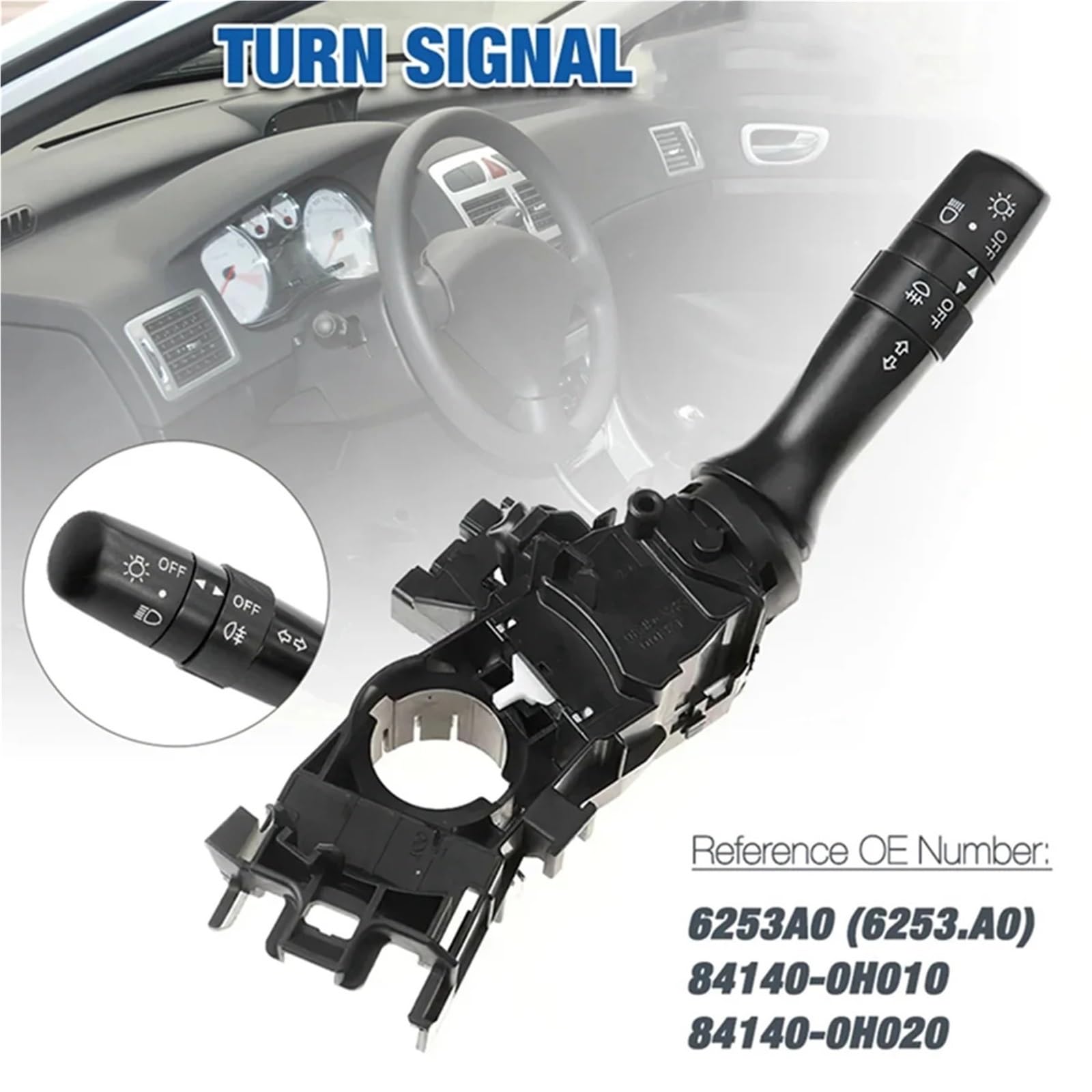 Interrupteur de Comodo Phares Régulateur de vitesse, colonne direction, interrupteur phare, tige voyant, compatible avec Citroën C1, Peugeot 107, Aygo 6253A0 Commutateur de clignotant