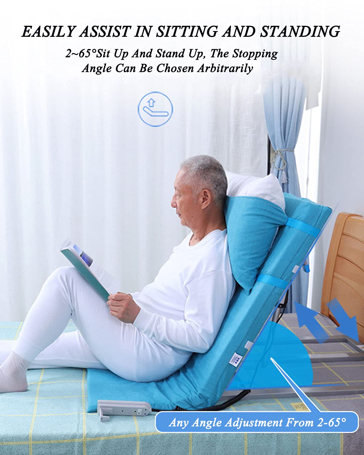 Lifting Cushions,Adjustable Electric Incline Bed Rest Aid, Assist for Disabled, Sit Up or Reclined Position, 2-65° Angle Adjustment, Breathable & Comfortable, Blue