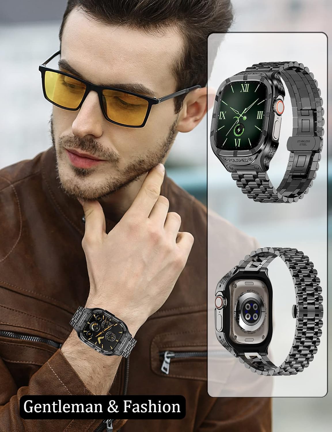 Stainless Steel Case/Band Compatiable for Apple Watch Band 49mm 45mm 44mm 42mm-Rugged Metal iWatch Case and Strap for Men iWatch Band Series 9/8/7/6/5/4/3/2/1/Ultra/Ultra 2/SE