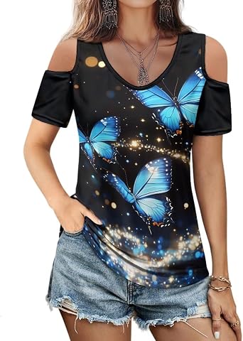 ZFRXIGN Short Sleeve Shirts Cold Shoulder Tops for Women S-2XL Crewneck T Shirts Casual Soft Blouse