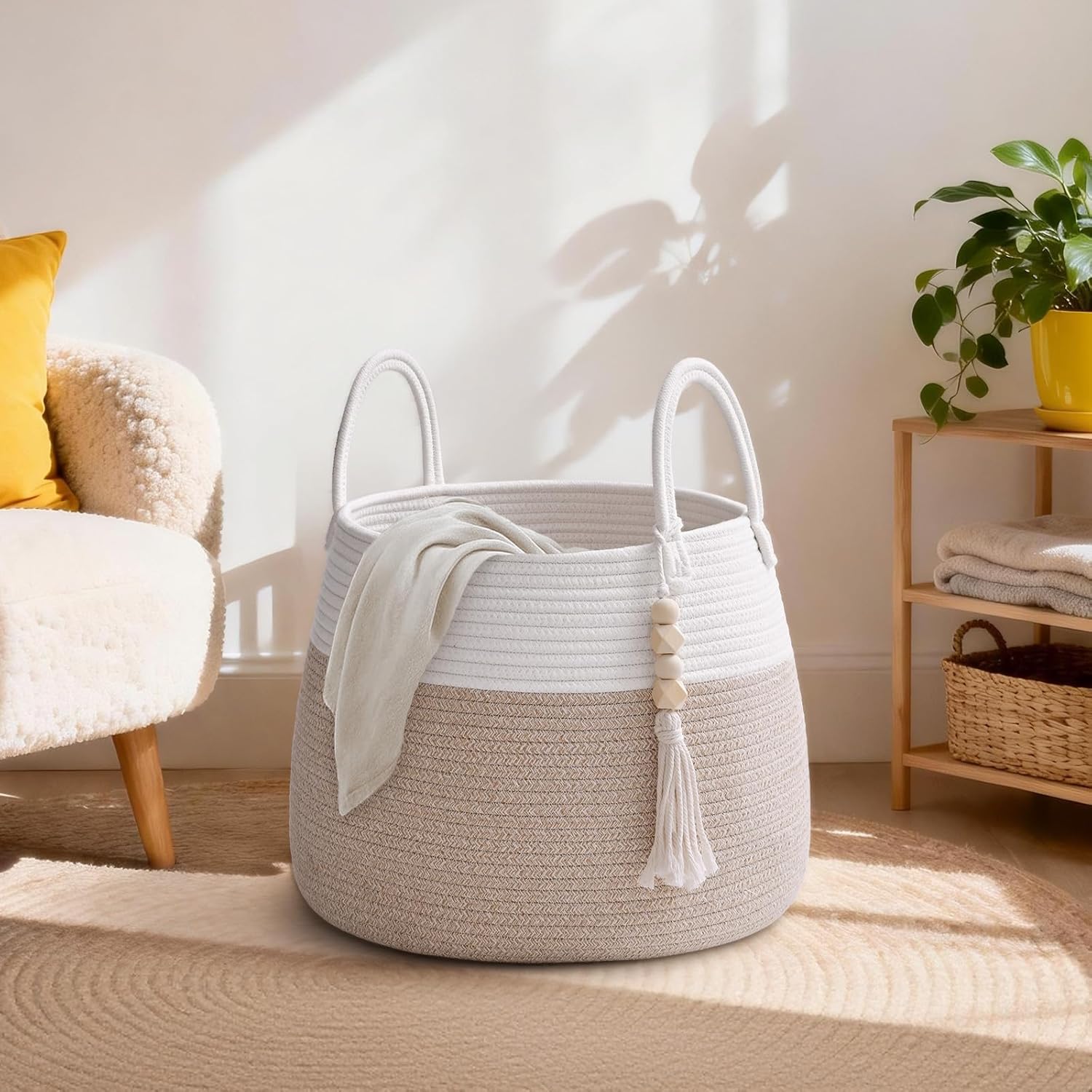 Large Nursery Hamper, 30L Blanket Basket with Handle, Baby Laundry Basket for Gift, Toy, Clothes, Woven Storage Basket with Wooden Bead Decor, Baby Hamper for Nursery(Brown) - Image 6