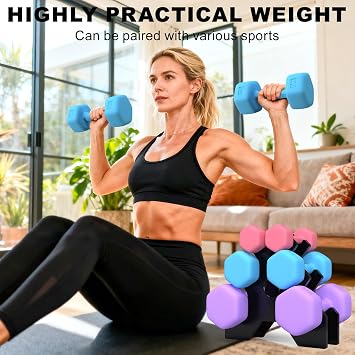 Hex Dumbbells Set with Rack,1KG 2KG 3KG Hand Weights Dumbbell Pair for Women Men,12KG Anti-Roll Hex Design for Home Gym Strength Training Fitness Equipment
