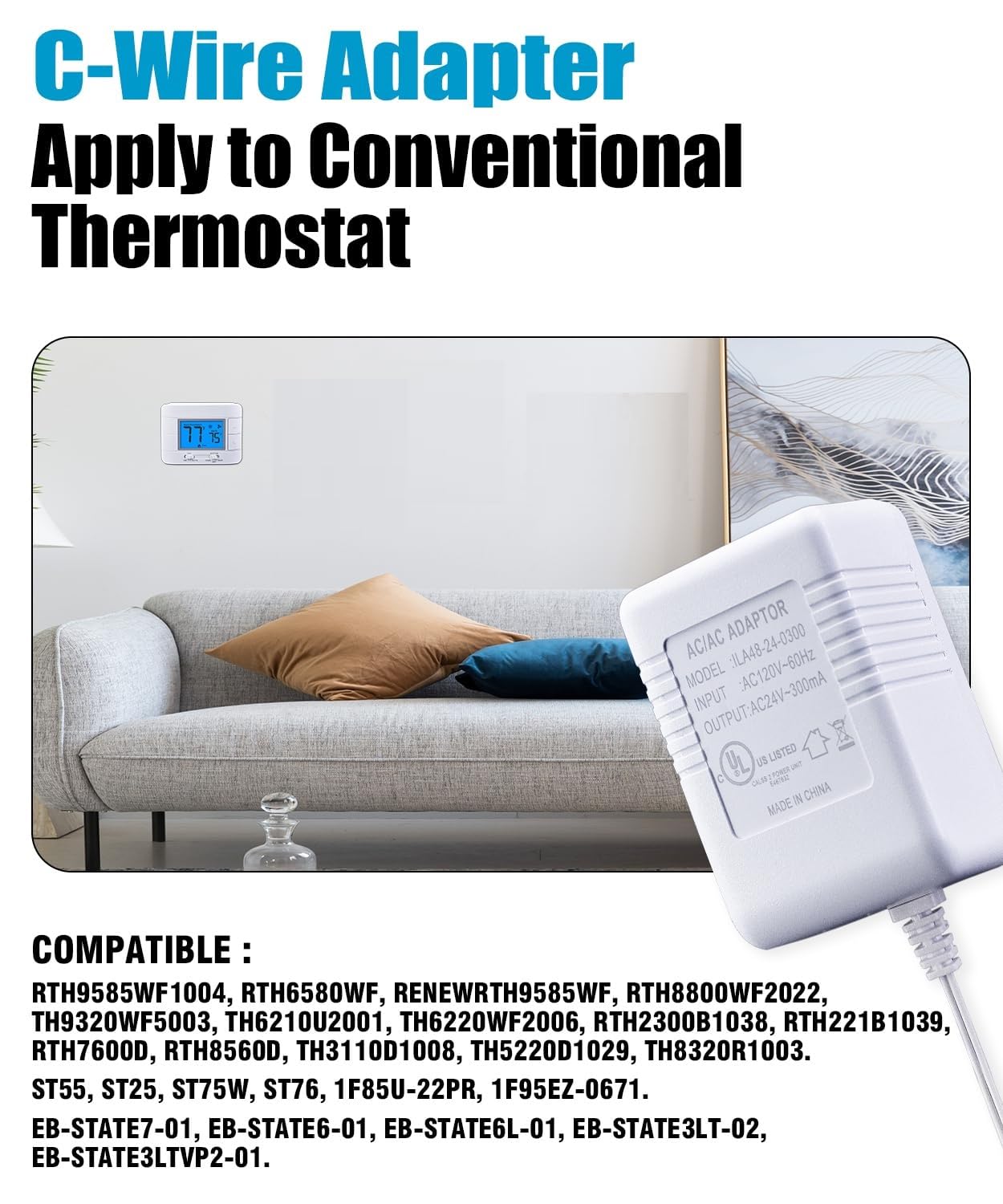 AC 24 Volt Transformer, C Wire Adapter for Thermostat or Doorbell Transformer. (UL Listed)