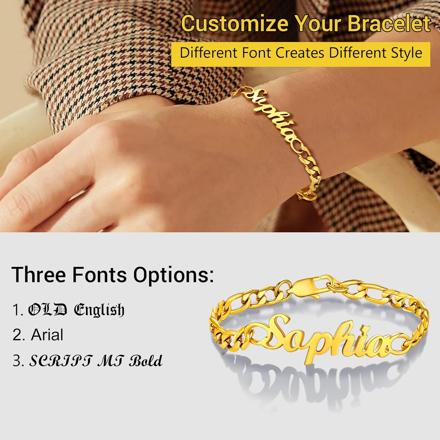 PROSTEEL Personalized Customized Gold Bracelets for Men Steel Figaro Chain Custom Name Bracelet