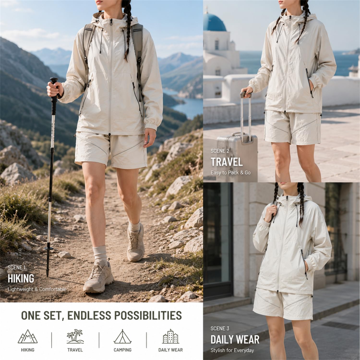 Conjunto de 2 piezas para mujer: chaqueta con capucha y pantalón. | Chaqueta ligera con protección solar UPF y cierre de cremallera completa, ideal para senderismo, caminatas