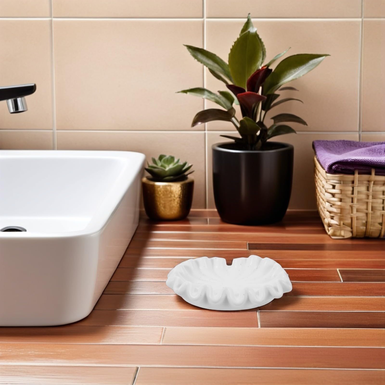 Jabonera de Cerámica Forma de Hoja de Loto Color Blanco para Baño