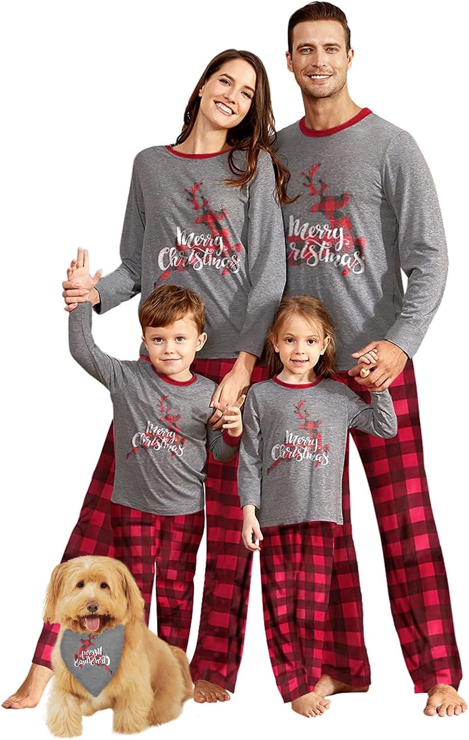 IFFEI Family Christmas Pajamas Matching Sets PJ's Sleepwear Printed Top and Plaid Pants with Pockets