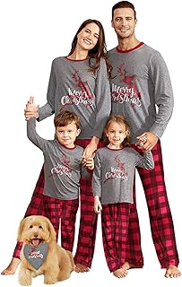 Family Christmas Pajamas Matching Sets PJ's Sleepwear Printed Top and Plaid Pants with Pockets