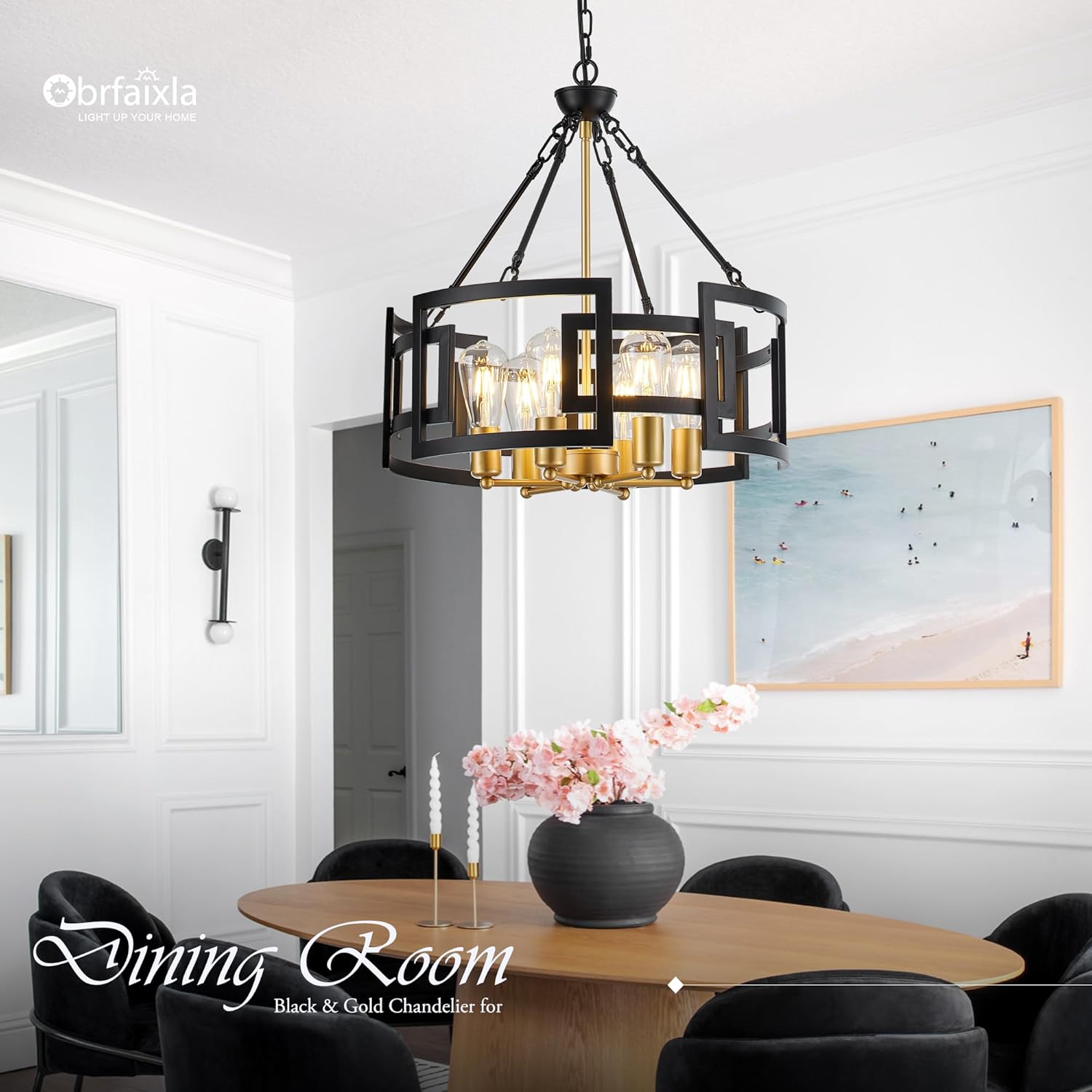 Modern 19.7" Black Gold Chandelier for Dining Room Industrial Vintage Semi Flush Mount 6-Light Round Pendant Ceiling Light Fixture for Kitchen Bedroom Living Room Hallway Entryway Foyer
