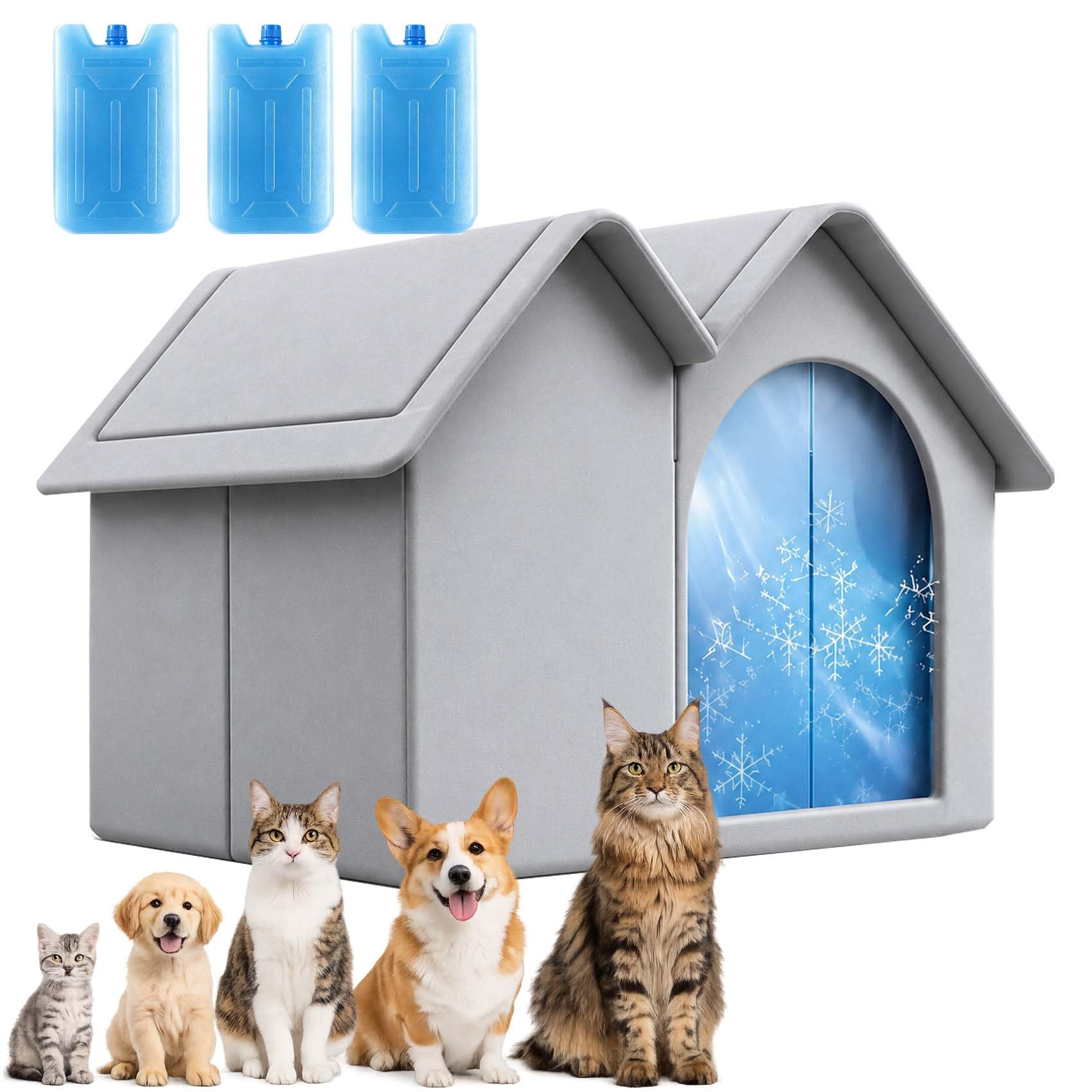 Maison Rafraichissante pour Chat - avec 6 Packs De Glace, Cabane Rafraichissante Chat, Maison RafraîChissantes Pliable pour Petites, Moyennes Et Grandes Races (Gris,60 * 42 * 38CM)