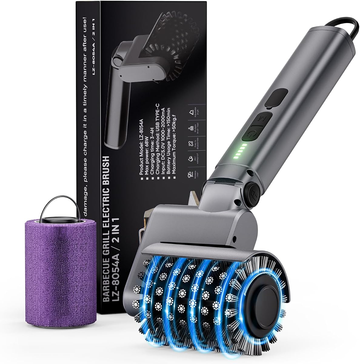 Electric Grill Brush, Cordless Rechargeable Electric Grill Cleaner with 2 Heads, 3 Speeds, Angle Adjustable, 150-Min Runtime BBQ Brush for Outdoor Barbecue Grates
