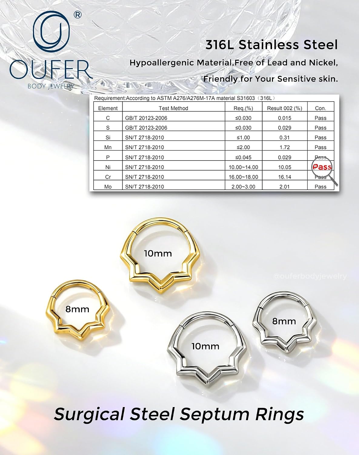 OUFER 16G Hinged Septum Ring, 8mm/10mm Geometric Star Clicker Hoop