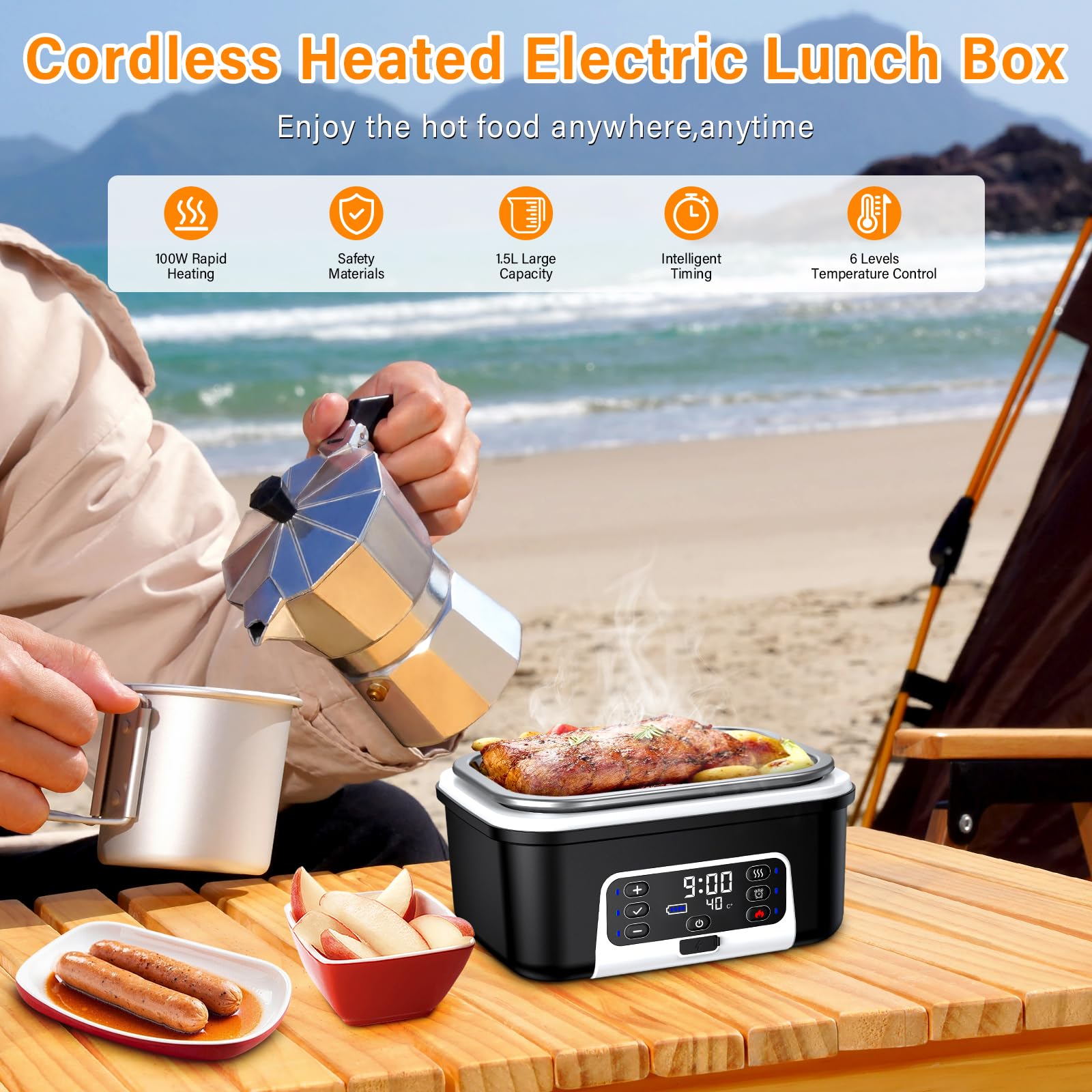 Scaldavivande Elettrico Portatile, 1.5L Porta Pranzo Riscaldabile con Timer, Per Ufficio, Cantiere, Viaggio, Auto, Scaldavivande a Batteria Ricaricabile | Heated Lunch Box