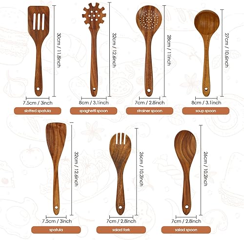 Miniatura 2 de comfoyar Juego de utensilios de cocina de madera, 7 cucharas de madera de teca natural para cocinar con espátula y cucharón, utensilios de cocina