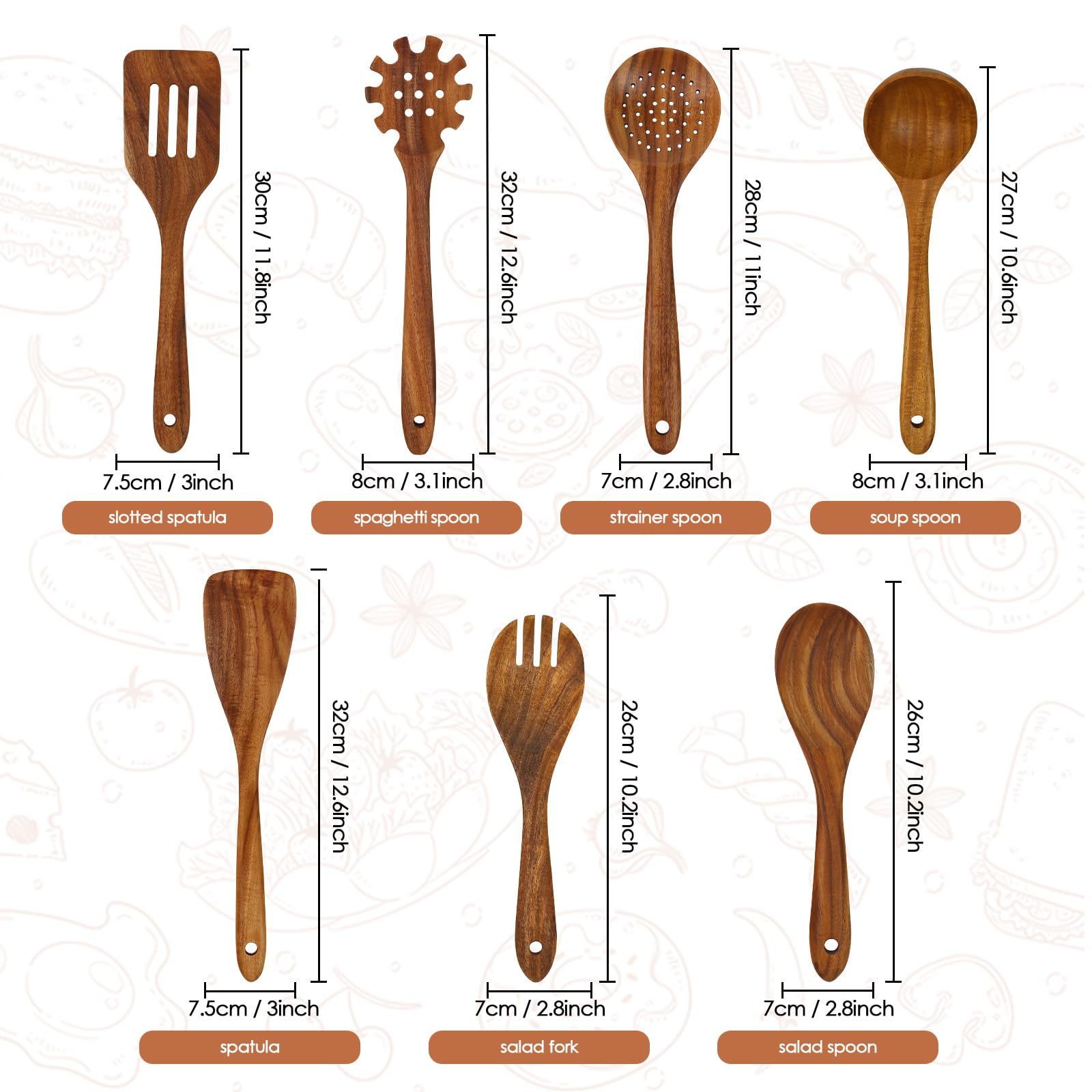 comfoyar Teak Utensili da Cucina Set, 7 Pezzi Cucchiai di Legno per Cucinare Set con Spatola e Ladle, Resistente al Calore Mestoli in Legno per Pan Antiaderente