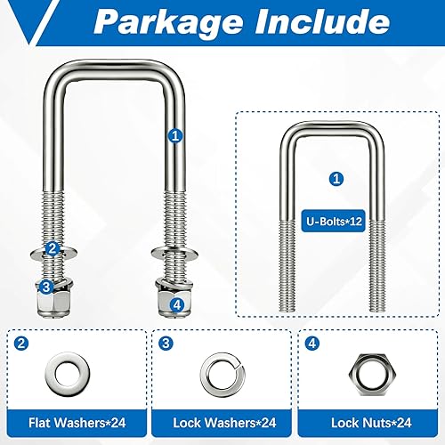 Miniatura 42 de Hotop - 4 pernos en U cuadrados de acero inoxidable 304 con arandelas y tuercas, perno en U resistente para veleros, remolques, automóviles, pieza