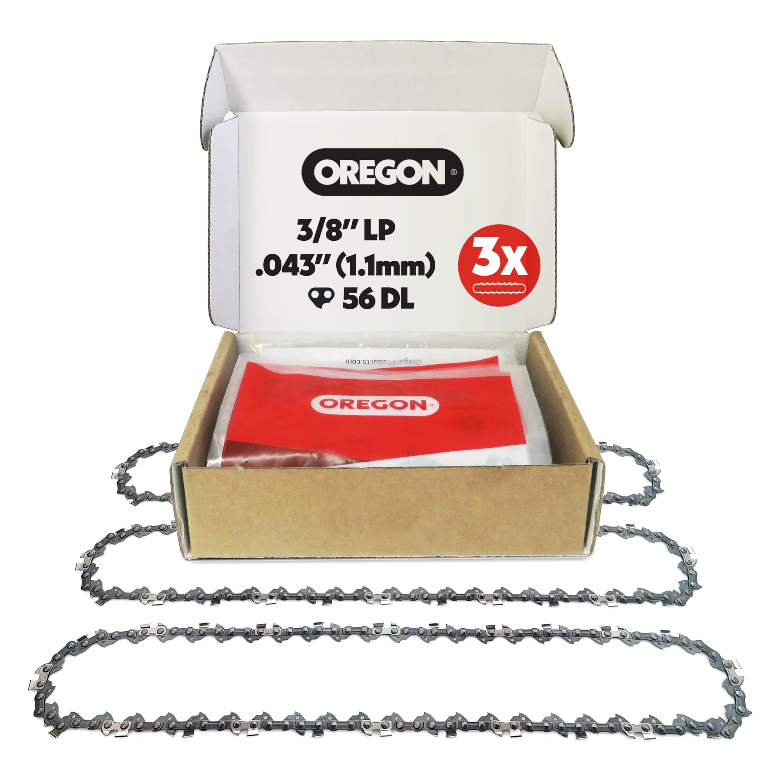 Oregon 3-Pack Chainsaw Chain 3/8" LP Pitch, .043" (1.1 mm) Gauge for 16" (40cm) Bar, 56 Drive Links – Low-kickback Replacement Saw Chain, Fits