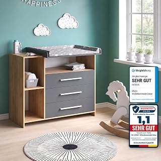 Vicco Changing table"Oskar",Anthracite/Goldkraft oak,113x93cm | with 3 drawers, can be converted into a chest of drawers thanks to a removable changing table mount