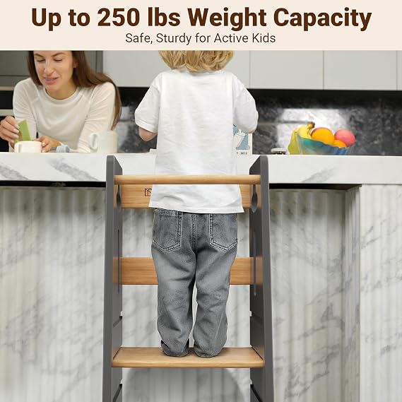 COSYLAND Toddler Standing Tower Height Adjustable - Toddler Kitchen Stool Helper Super Stable - Wooden Kids Learning Stool for Kitchen Toliet (Light Grey & Natural,Large)