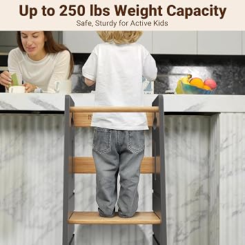 COSYLAND Toddler Standing Tower Height Adjustable - Toddler Kitchen Stool Helper Super Stable - Wooden Kids Learning Stool for Kitchen Toliet (Light Grey & Natural,Large)