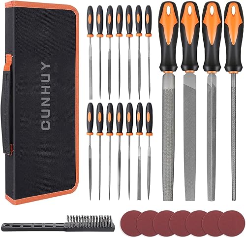 CUNHUY Juego de 25 limas de metal a mano, acero de aleación forjada de grado prémium T12, planotriángulomedio redondoredondo grande y 12 limas de