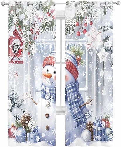 Miniatura 2 de Cortinas traslúcidas de invierno con diseño de muñeco de nieve de 63 pulgadas de largo, juego de 2 paneles de cortinas para cocina, dormitorio, sala