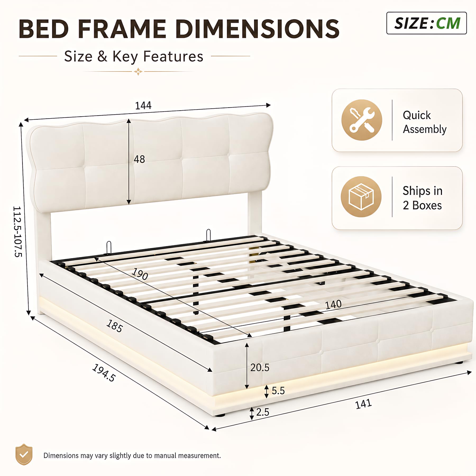 BRILVERDE Cama Tapizada 140x200 con Almacenamiento hidráulico, Cama matrimonial con Toma USB y luz LED, Cabecero Acolchado y Base de Láminas, Terciopelo (Beige, 140 x 200 cm)
