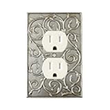 Meriville French Scroll Electrical Outlet Wall Plate Cover, Hand Painted Single Duplex receptacle outlet cover, Aged Silver