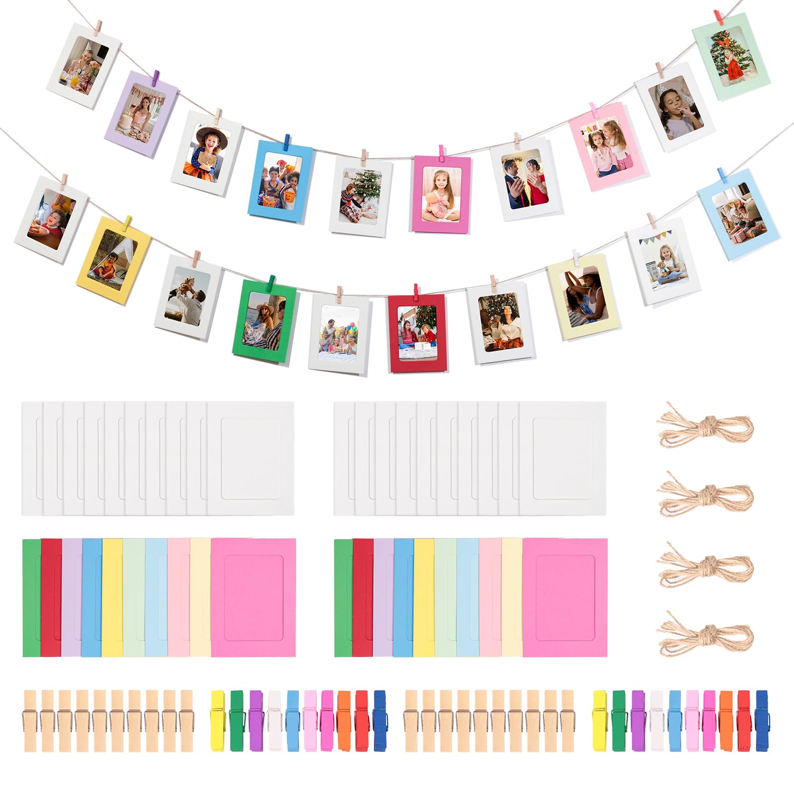LUBOXIN 40 Pcs Paper Photo Frames 4x6 Inch Cardboard Picture Frames DIY Hanging Photo Display Frames with 40 Wooden Clips and 4 Hemp Ropes for Home Office School Wall Decor(White+Colorful)