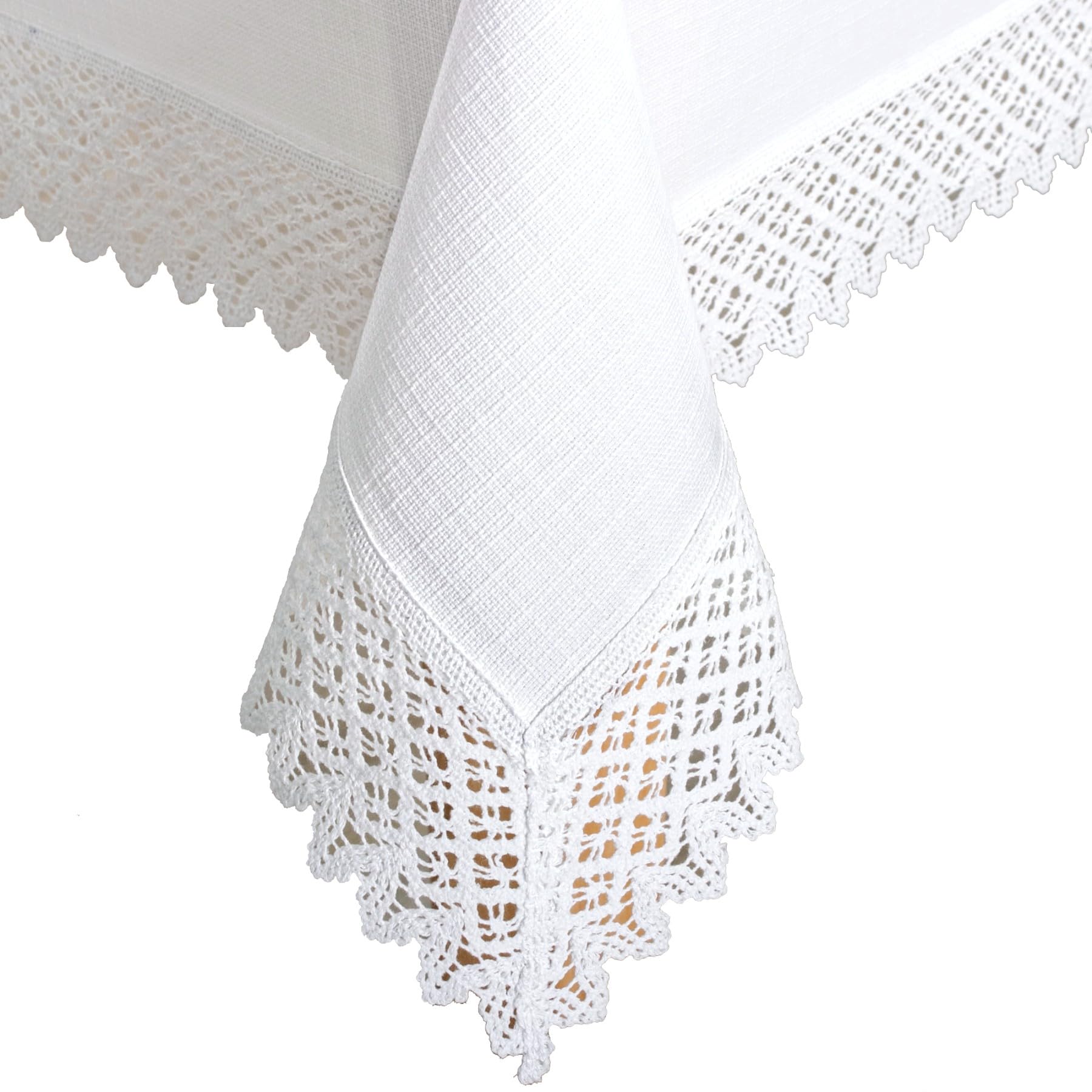Tischdecke mit Spitze 100x100 cm Mitteldecke Weiß in Leinenoptik mit 7cm Baumwollspitze - Baumwolle Polyester 230g/m² Schwere Qualität, Fleckschutz mit Lotuseffekt