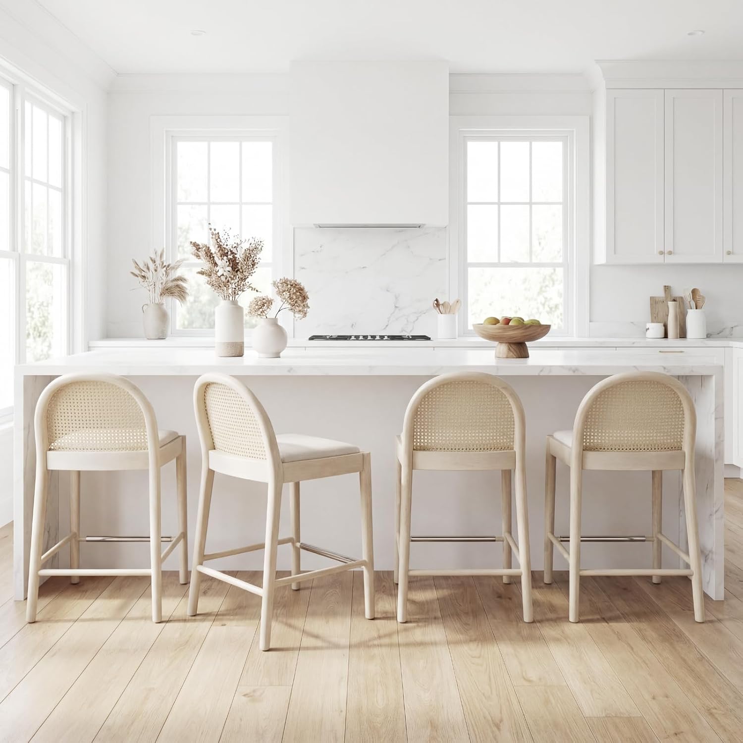 Ya-Home Rattan Counter Stools Set of 4, 26 Inches Counter Height Bar Stools with Woven Back, Upholstered Linen Fabric Counter Height Chair for Kitchen Island, Linen White