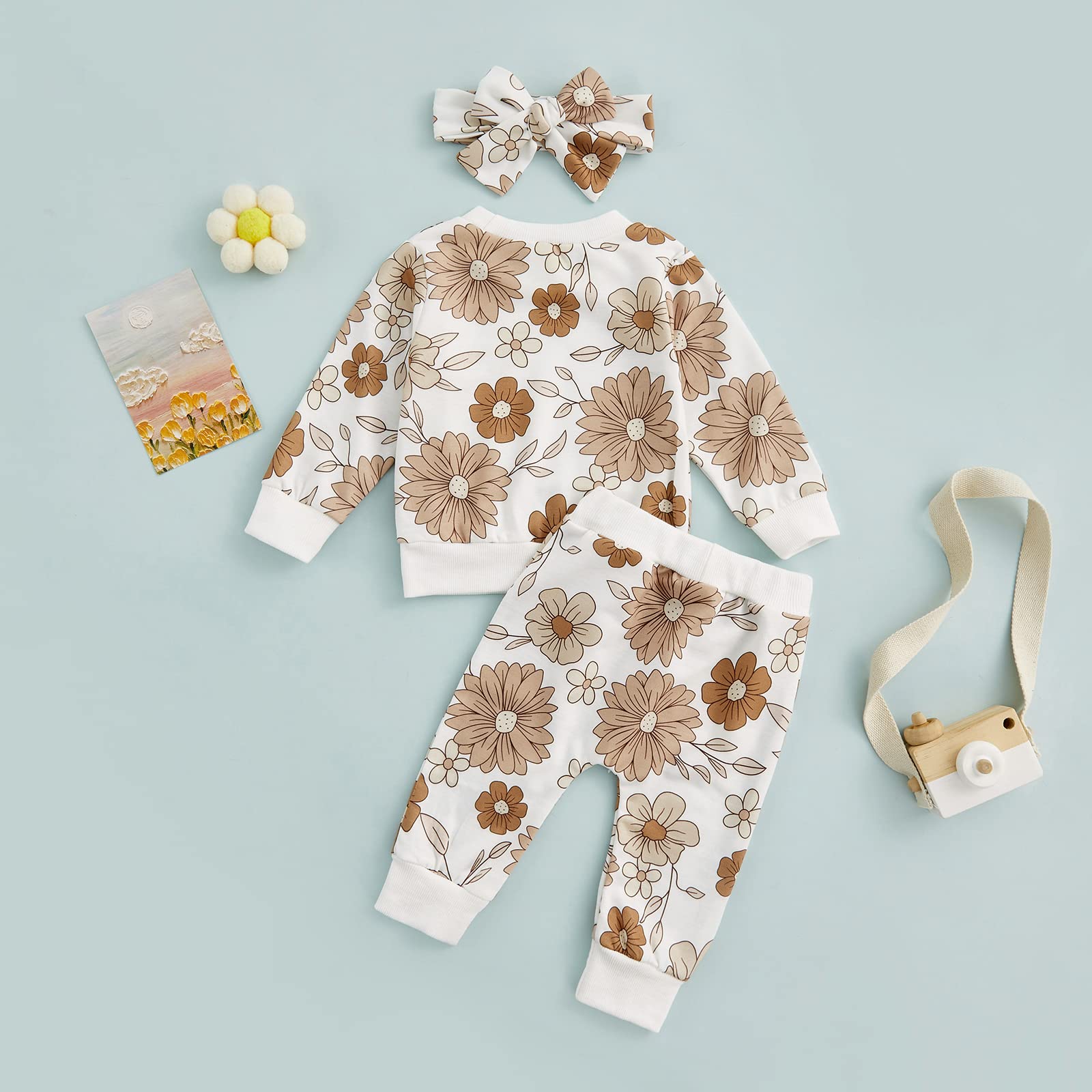 Conjunto de 3 piezas para bebé niña, sudadera con margaritas + pantalones + diadema, ropa de otoño e invierno