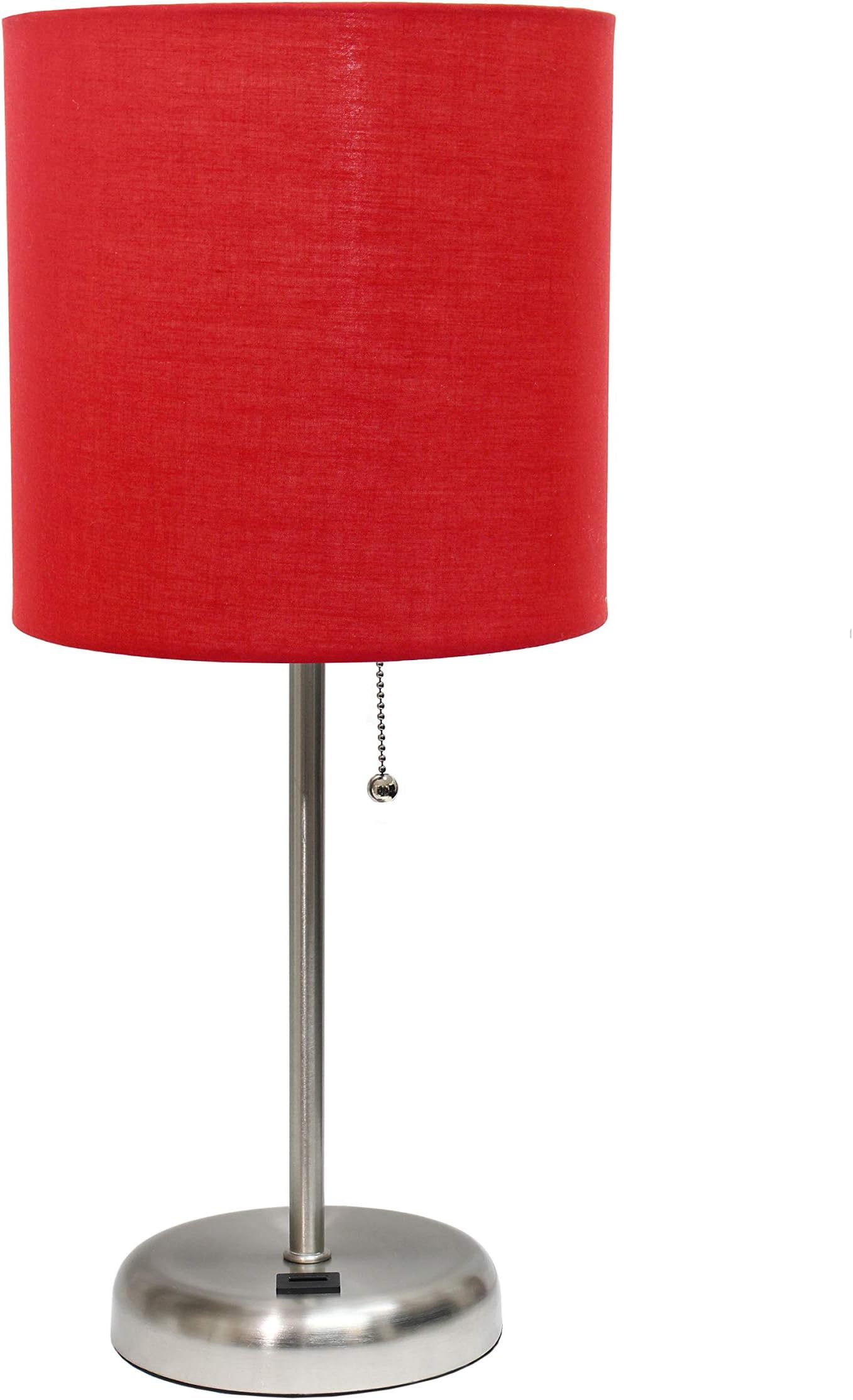 LT2044-RED Brushed Steel Stick Table Desk Lamp with USB Charging Port and Drum Fabric Shade, Red Shade
