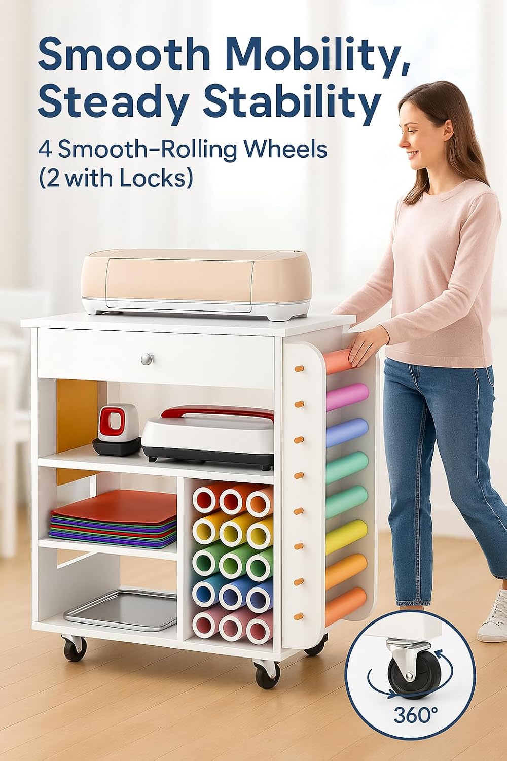 Craft Organizers and Storage Table Compatible with Cricut Machine, VDamu Crafting Cabinet Cart with Vinyl Roll Holder for Craft Room Home Office