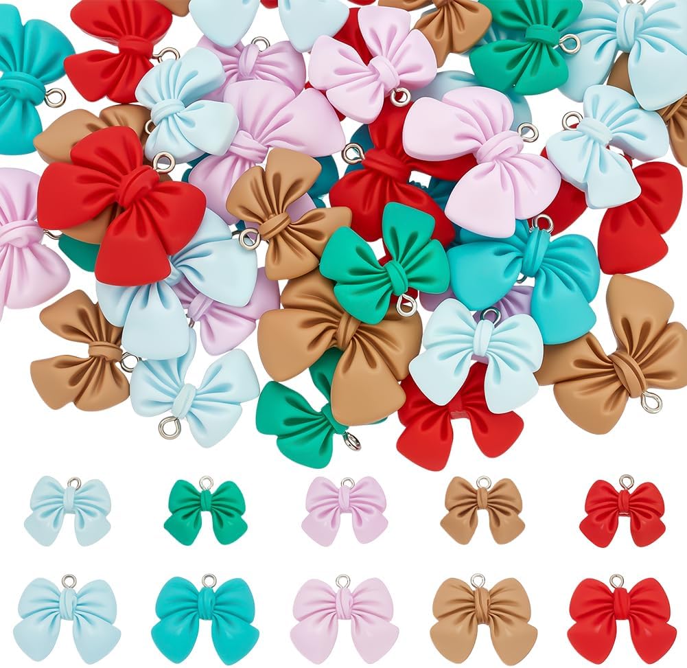 40Pcs 10 Styles 3D Bow Charms Cute Opaque Resin Bowknot Pendants with Alloy Platinum Color Loop Colorful Charms for Earrings Necklace Jewelry Making DIY Craft Accessories