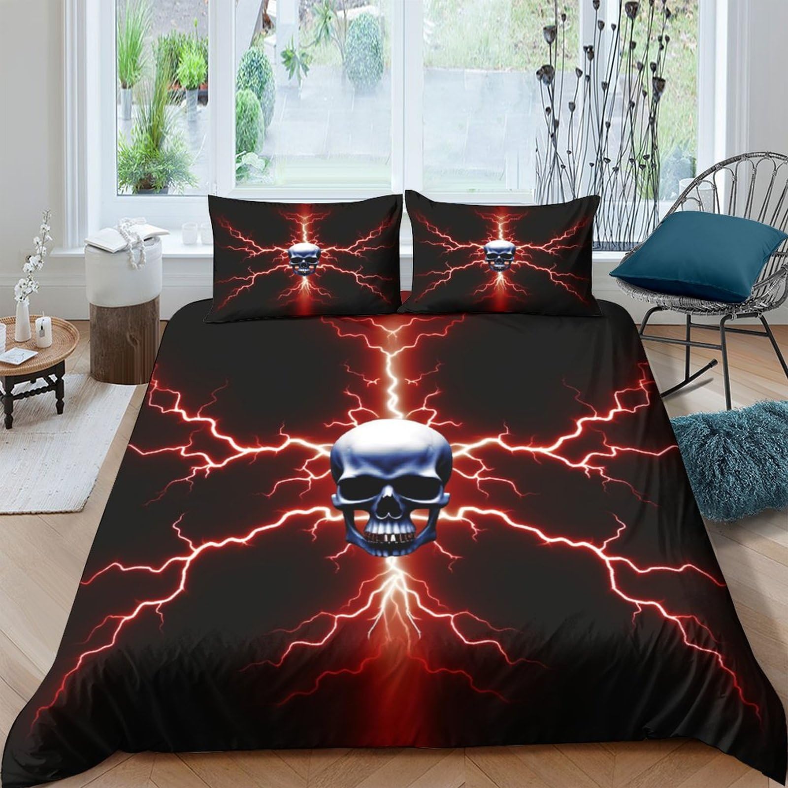 Housse de couette crâne en microofibre 200x200cm anti-plis et facile à enfiler avec son zip