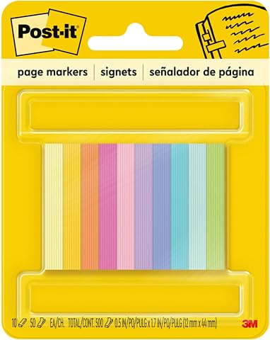 Post-it Sayfa İşaretleyicileri, Çeşitli Parlak Renkler, 1/2" x 2", 50 İşaretleyici/Ped, 10 Ped/Paket (670-10AB)