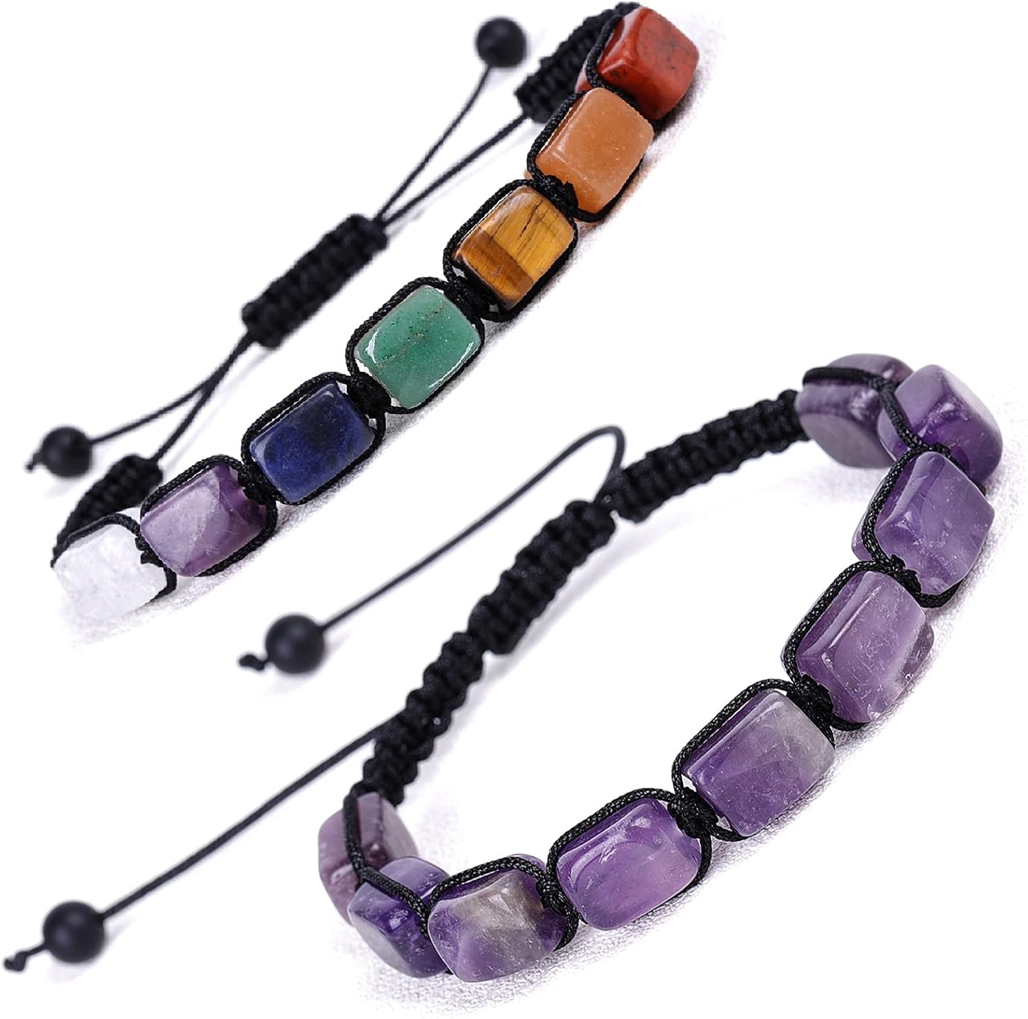 2 Pack Genuine 7 Chakra Adjustable Bracelets Crystal Healing Stones Bracelets Supernatural Reiki Stones Bead Bracelets for Women Men