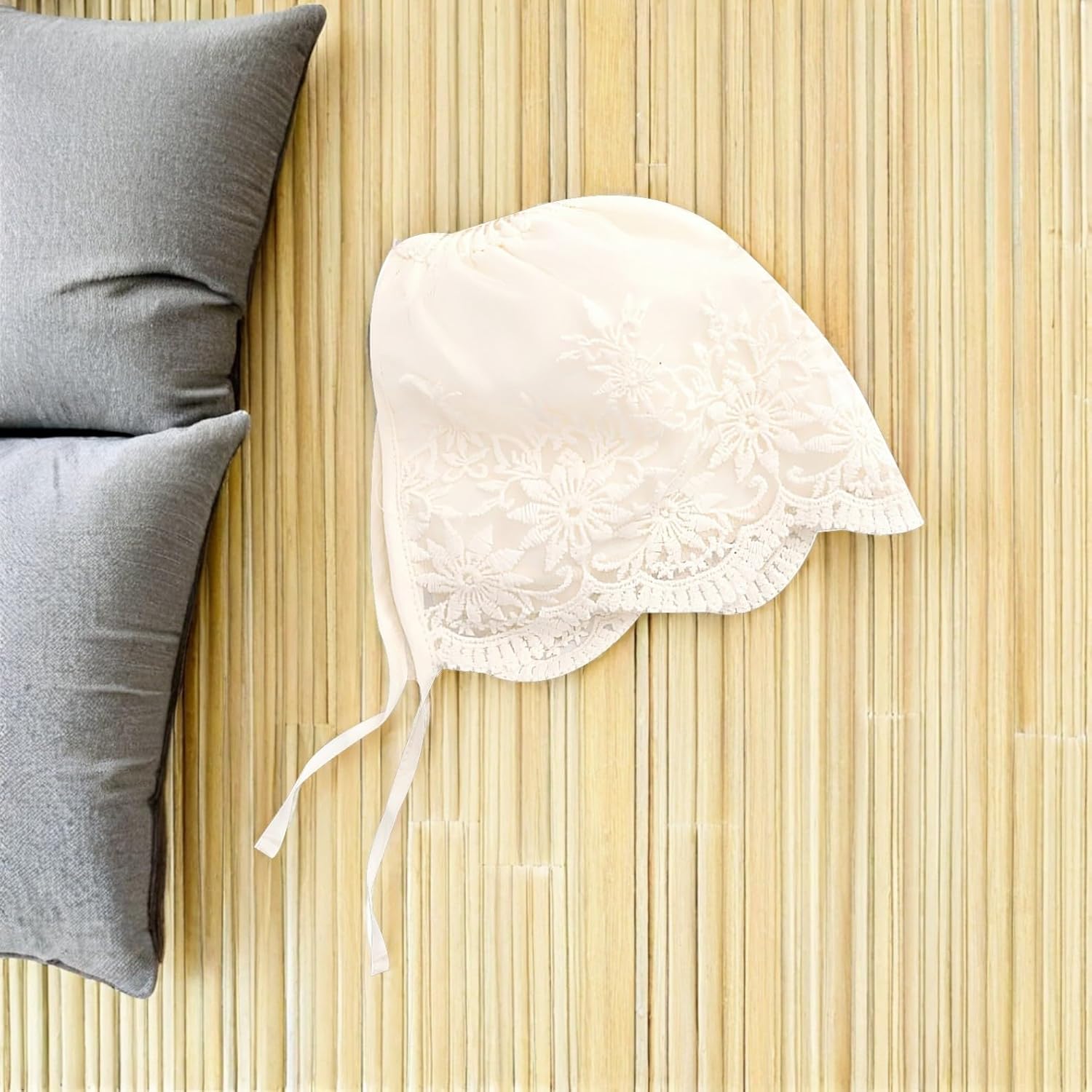 2Pcs Newborn Baby Girl Lace Bonnets Featuring Tie Closure Beige