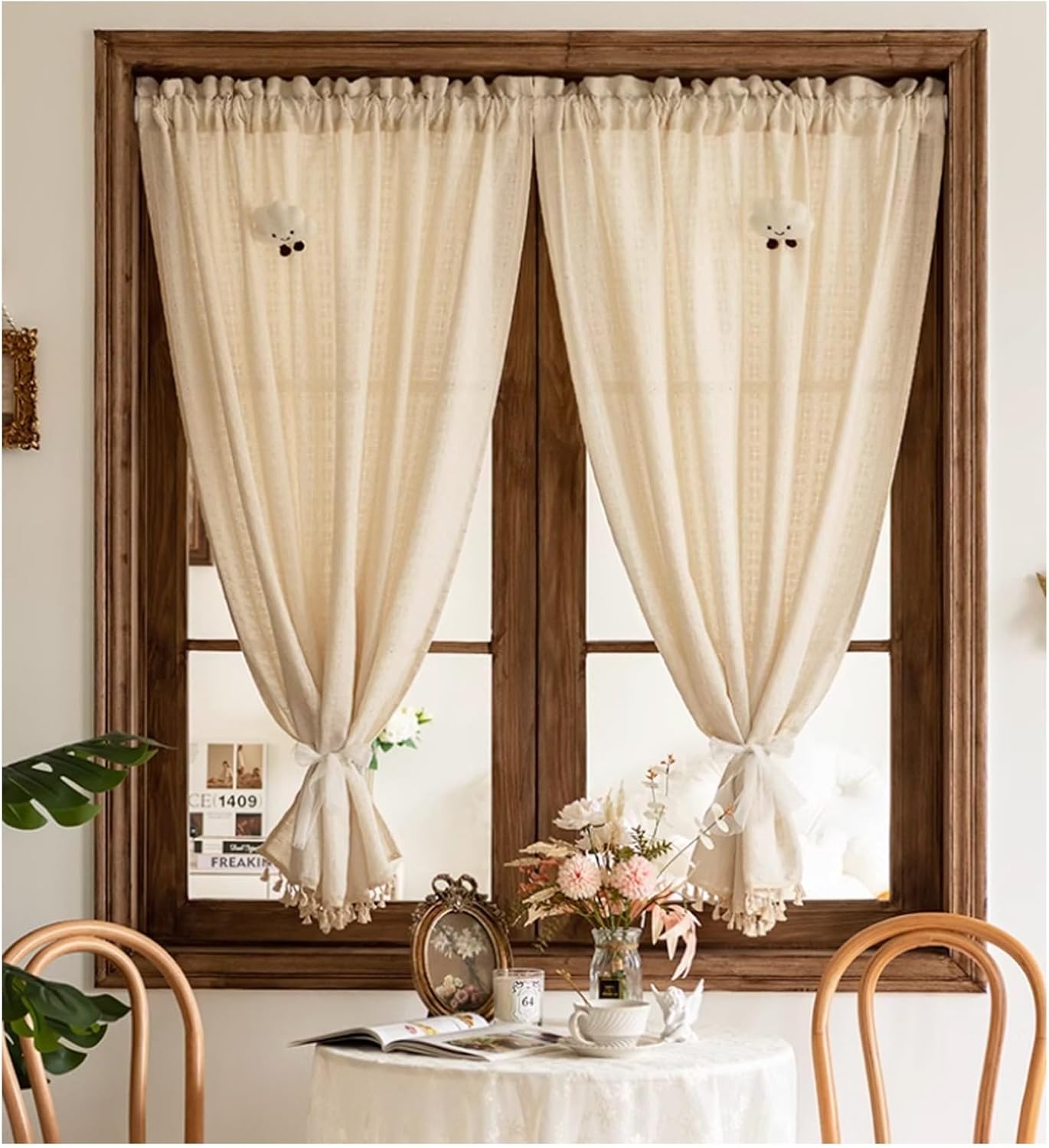 Boho Kitchen Curtains, Cafe Curtains Blackout Tier Curtains Small Cafe Tier Curtains For Small Window Blackout Thermal Insulating For Windows Kitchen Curtains Linen Tier Curtains(W200*H180cm)