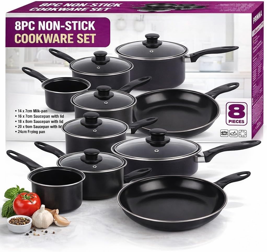 8 Piece Non Stick Cookware Set – Carbon Steel Pots & Pans Set with Lids – Saucepan Set, Frying Pan, Milk Pan – Induction, Gas & Electric Hob Compatible – Black Kitchen Cooking Set