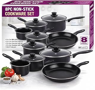 8 Piece Non Stick Cookware Set – Carbon Steel Pots & Pans Set with Lids – Saucepan Set, Frying Pan, Milk Pan – Induction, Gas & Electric Hob Compatible – Black Kitchen Cooking Set