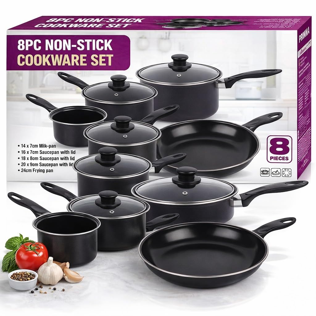 8 Piece Non Stick Cookware Set – Carbon Steel Pots & Pans Set with Lids – Saucepan Set, Frying Pan, Milk Pan – Induction, Gas & Electric Hob Compatible – Black Kitchen Cooking Set